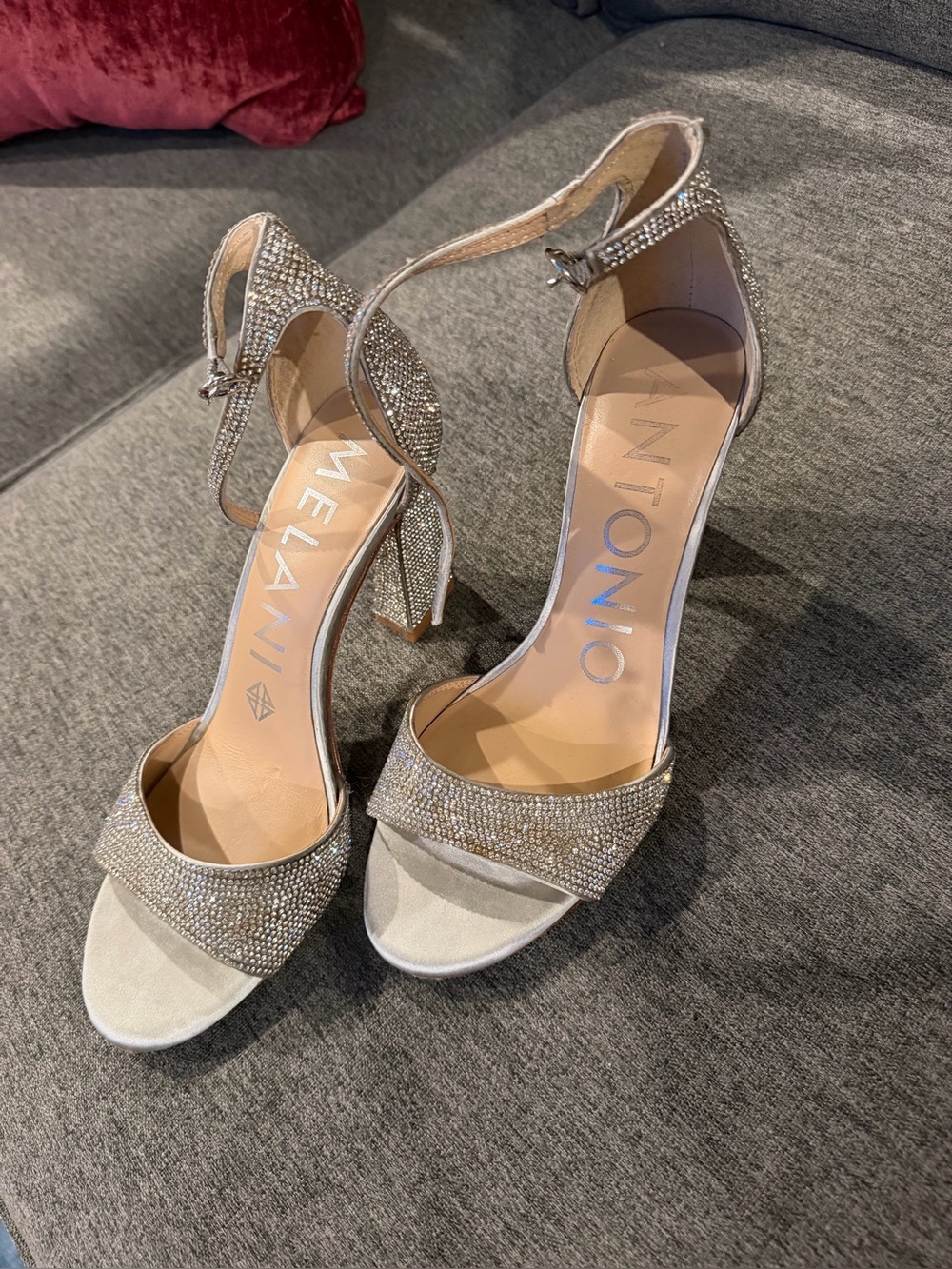ANTONIO MELANI Silver Crystal Open-Toe Block Heels